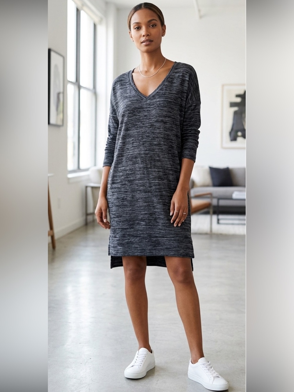 NWOT Reb & J V-Neck Longsleeve Sweater dress/tunic w Pockets Heathered Grey